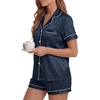 image:imageLYANER Womens Satin Silky Pajamas Set Short Sleeve Button Shirt with Shorts Pjs Sleepwear LoungewearDark Blue2