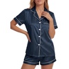 image:imageLYANER Womens Satin Silky Pajamas Set Short Sleeve Button Shirt with Shorts Pjs Sleepwear LoungewearDark Blue2