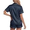 image:imageLYANER Womens Satin Silky Pajamas Set Short Sleeve Button Shirt with Shorts Pjs Sleepwear LoungewearDark Blue2
