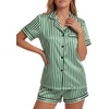 image:imageLYANER Womens Satin Silky Pajamas Set Short Sleeve Button Shirt with Shorts Pjs Sleepwear LoungewearDark Green