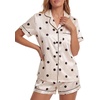 image:imageLYANER Womens Satin Silky Pajamas Set Short Sleeve Button Shirt with Shorts Pjs Sleepwear LoungewearDots Beige