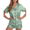 image:imageLYANER Womens Satin Silky Pajamas Set Short Sleeve Button Shirt with Shorts Pjs Sleepwear LoungewearGreen2