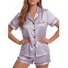 image:imageLYANER Womens Satin Silky Pajamas Set Short Sleeve Button Shirt with Shorts Pjs Sleepwear LoungewearLight Purple2