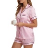 image:imageLYANER Womens Satin Silky Pajamas Set Short Sleeve Button Shirt with Shorts Pjs Sleepwear LoungewearPink