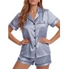 image:imageLYANER Womens Satin Silky Pajamas Set Short Sleeve Button Shirt with Shorts Pjs Sleepwear LoungewearSliver Blue2