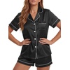 image:imageLYANER Womens Satin Silky Pajamas Set Short Sleeve Button Shirt with Shorts Pjs Sleepwear LoungewearSolid Black