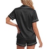 image:imageLYANER Womens Satin Silky Pajamas Set Short Sleeve Button Shirt with Shorts Pjs Sleepwear LoungewearSolid Black
