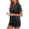 image:imageLYANER Womens Satin Silky Pajamas Set Short Sleeve Button Shirt with Shorts Pjs Sleepwear LoungewearSolid Black