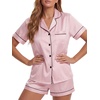 image:imageLYANER Womens Satin Silky Pajamas Set Short Sleeve Button Shirt with Shorts Pjs Sleepwear LoungewearSolid Light Pink