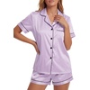 image:imageLYANER Womens Satin Silky Pajamas Set Short Sleeve Button Shirt with Shorts Pjs Sleepwear LoungewearSolid Light Purple