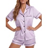 image:imageLYANER Womens Satin Silky Pajamas Set Short Sleeve Button Shirt with Shorts Pjs Sleepwear LoungewearSolid Light Purple