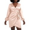 image:imageLYANER Womens Satin Silky Wrap V Neck Tie Waist Long Sleeve Mini Short DressBeige