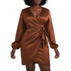 image:imageLYANER Womens Satin Silky Wrap V Neck Tie Waist Long Sleeve Mini Short DressBrown
