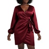 image:imageLYANER Womens Satin Silky Wrap V Neck Tie Waist Long Sleeve Mini Short DressBurgundy