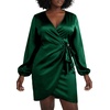 image:imageLYANER Womens Satin Silky Wrap V Neck Tie Waist Long Sleeve Mini Short DressDark Green