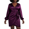 image:imageLYANER Womens Satin Silky Wrap V Neck Tie Waist Long Sleeve Mini Short DressDark Purple