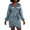 image:imageLYANER Womens Satin Silky Wrap V Neck Tie Waist Long Sleeve Mini Short DressDusty Blue