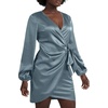image:imageLYANER Womens Satin Silky Wrap V Neck Tie Waist Long Sleeve Mini Short DressDusty Blue