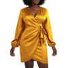 image:imageLYANER Womens Satin Silky Wrap V Neck Tie Waist Long Sleeve Mini Short DressGinger