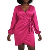 image:imageLYANER Womens Satin Silky Wrap V Neck Tie Waist Long Sleeve Mini Short DressHot Pink