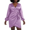 image:imageLYANER Womens Satin Silky Wrap V Neck Tie Waist Long Sleeve Mini Short DressLight Purple