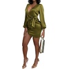 image:imageLYANER Womens Satin Silky Wrap V Neck Tie Waist Long Sleeve Mini Short DressOlive Green