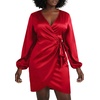 image:imageLYANER Womens Satin Silky Wrap V Neck Tie Waist Long Sleeve Mini Short DressRed