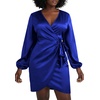 image:imageLYANER Womens Satin Silky Wrap V Neck Tie Waist Long Sleeve Mini Short DressRoyal Blue