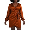 image:imageLYANER Womens Satin Silky Wrap V Neck Tie Waist Long Sleeve Mini Short DressRust Brown