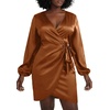 image:imageLYANER Womens Satin Silky Wrap V Neck Tie Waist Long Sleeve Mini Short DressSolid Brown