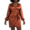image:imageLYANER Womens Satin Silky Wrap V Neck Tie Waist Long Sleeve Mini Short DressSolid Burnt Orange