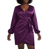 image:imageLYANER Womens Satin Silky Wrap V Neck Tie Waist Long Sleeve Mini Short DressSolid Dark Purple