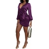image:imageLYANER Womens Satin Silky Wrap V Neck Tie Waist Long Sleeve Mini Short DressSolid Dark Purple