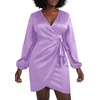 image:imageLYANER Womens Satin Silky Wrap V Neck Tie Waist Long Sleeve Mini Short DressSolid Light Purple