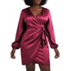 image:imageLYANER Womens Satin Silky Wrap V Neck Tie Waist Long Sleeve Mini Short DressSolid Magenta