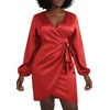 image:imageLYANER Womens Satin Silky Wrap V Neck Tie Waist Long Sleeve Mini Short DressSolid Red