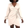 image:imageLYANER Womens Satin Silky Wrap V Neck Tie Waist Long Sleeve Mini Short DressSolid Solid Beige