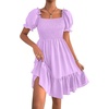 image:imageLYANER Womens Square Neck Smocked Mini Dress Puff Sleeve Ruffle Tiered Casual Wedding Guest DressLight Purple