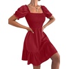 image:imageLYANER Womens Square Neck Smocked Mini Dress Puff Sleeve Ruffle Tiered Casual Wedding Guest DressWine Red