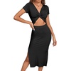 image:imageLYANER Womens Twist Front Cut Out Split Hem V Neck Short Sleeve Knit Bodycon Midi DressBlack