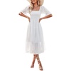 image:imageYANER Womens Swiss Dots Square Neck Puff Sleeve Self Tie Shirred Sheer Mesh Ruffle Hem A Line Mini DressWhite