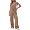 image:imageLYANER Womens 2 Piece Outfits Color Block V Neck Top and Wide Leg Pant Sets SuitLight Brown
