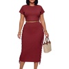 image:imageLYANER Womens 2 Piece Outfits Crew Neck Fringe Short Sleeve Crop Top and Tassel Trim Bodycon Midi Skirt SetDark Red