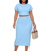 image:imageLYANER Womens 2 Piece Outfits Crew Neck Fringe Short Sleeve Crop Top and Tassel Trim Bodycon Midi Skirt SetLight Blue