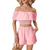 image:imageLYANER Womens 2 Piece Outfits Off Shoulder Ruffle Sleeve Shirred Crop Top Wide Leg Shorts SetPink