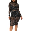 image:imageLYANER Womens 3 Piece Outfits Sexy Sheer Mesh Dress Long Sleeve Ruched Bodycon Midi Dress with Cami ShortsGlitter Black