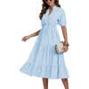 image:imageLYANER Womens Casual Striped Print V Neck Puff Short Sleeve Ruffle Hem Midi Dress Light Blue Large