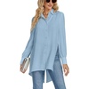 image:imageLYANER Womens Collar V Neck Split Hem Button Down Long Sleeve Long Shirt Blouse Tunic TopBlue
