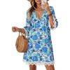 image:imageLYANER Womens Floral V Neck 34 Sleeve Lace Trim Ruched Ruffle Beach Vacation Mini SundressBlue