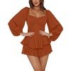 image:imageLYANER Womens Jumpsuit Lantern Long Sleeve Ruffle Layer Tie Mini Short RomperSolid Caramel